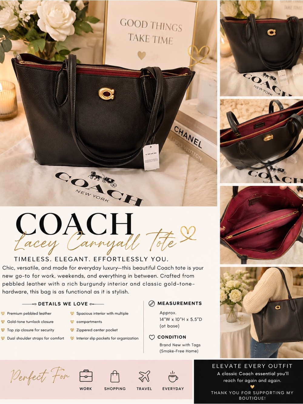 NWT.Coach Black Pebbled Leather Tote Bag Gold Hardware . NoA2592–CY684